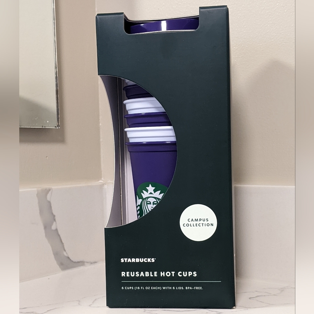 STARBUCKS University of Washington Reusable Cups UW Campus Collection 6 Cups NEW